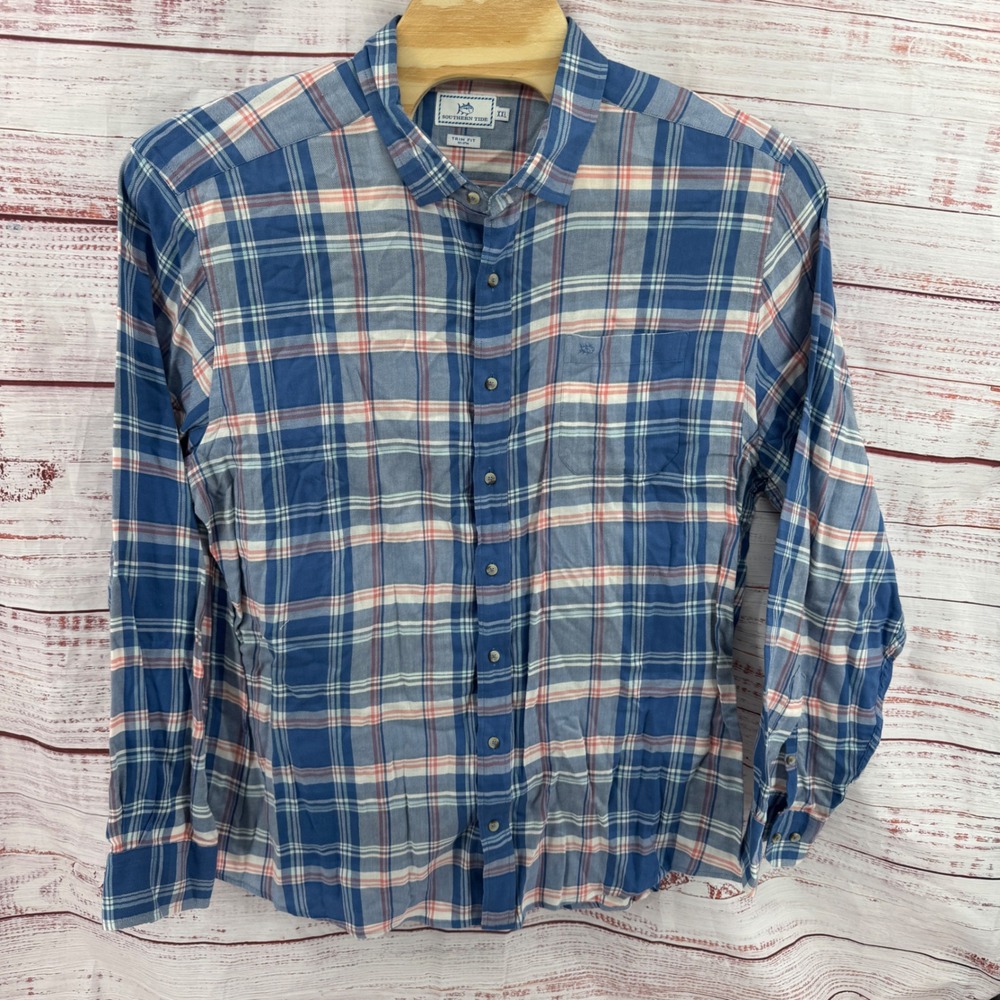 Southern Tide Shirt Mens 2XL Trim Fit Plaid Button Down Blue Pink Long Sleeve